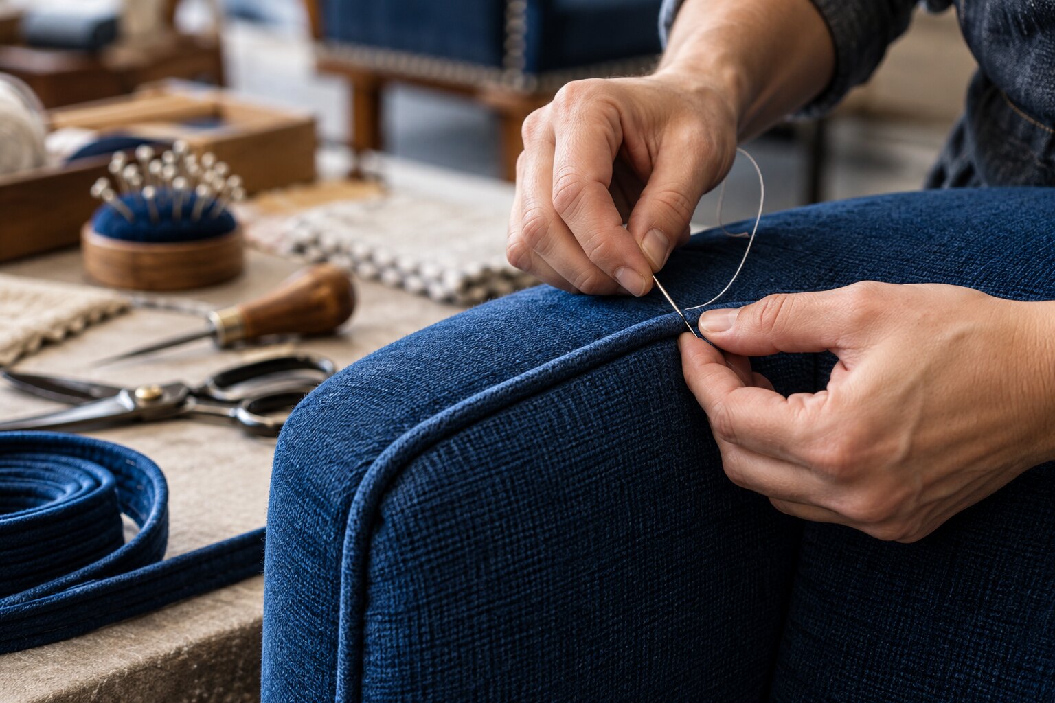 Detailed stitching on blue fabric