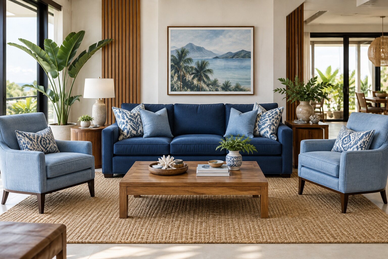 Living room set with blue upholstery